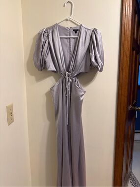 Express Lavender-Taupe Satin Maxi Dress with Puff Sleeves